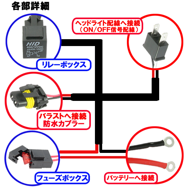 汎用バイクパーツ:HID H7用 電源強化 電圧安定 リレーハーネス 25W/35W対応 補修用