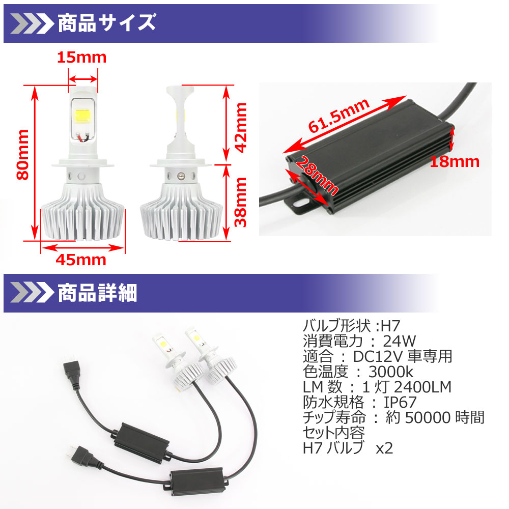 高輝度 4800lm COB LED ヘッドライト H7 3000K 2個セット