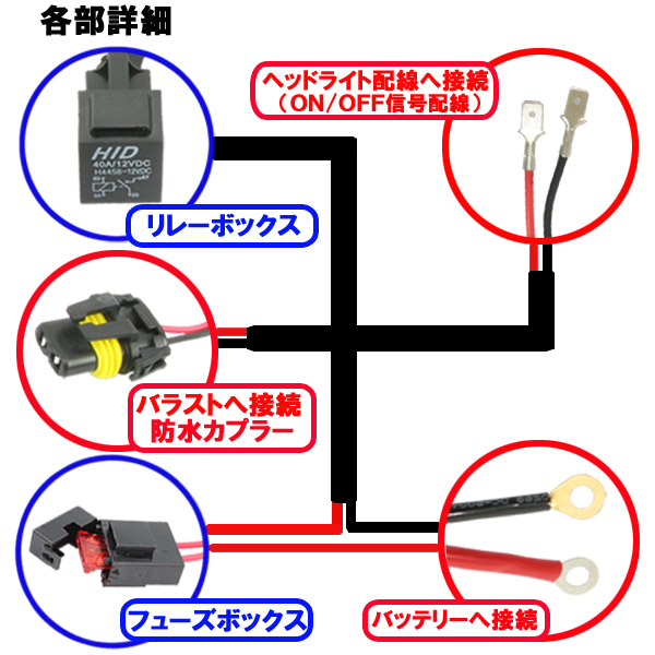 汎用バイクパーツ:HID H1用 電源強化 電圧安定 リレーハーネス 25W/35W対応 補修用